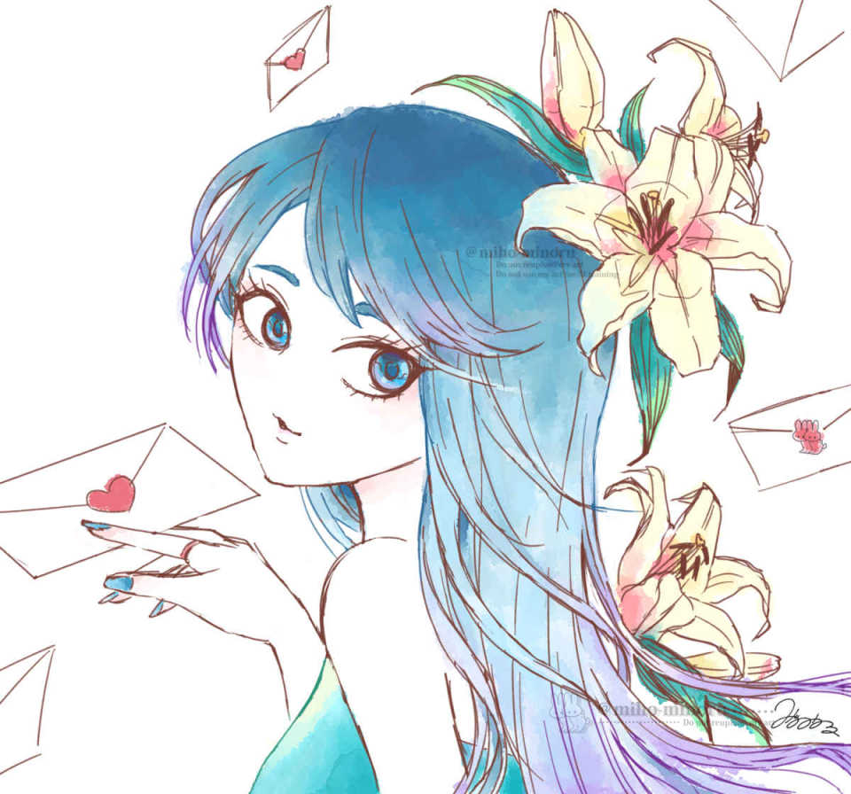 水彩画風/青いロングヘアの女の子へたくさんのラブレターと白いカサブランカ