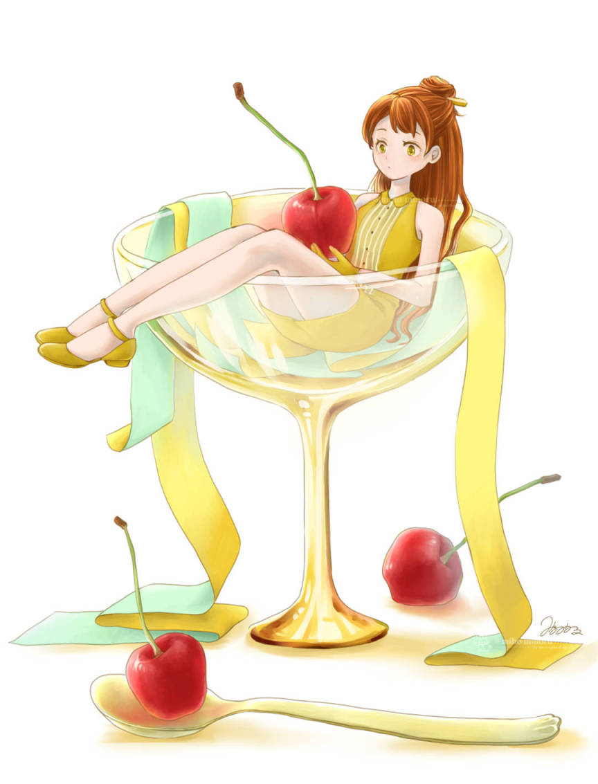 グラスにいっぱいのりぼんとさくらんぼを持つ小さな女の子　プリンカラー