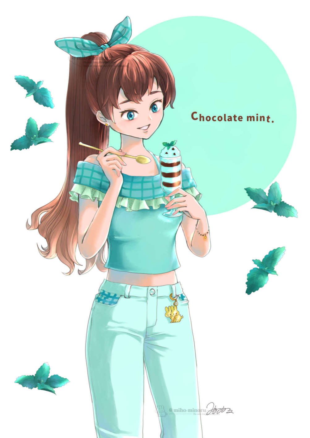 チョコミントパフェを食べようとしている女の子/ミントカラーのファッション