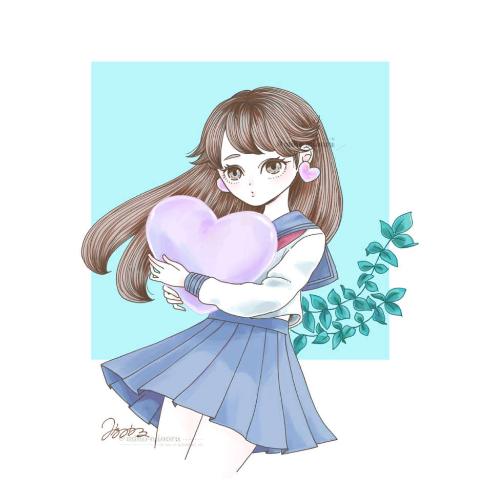 大きなハートを持っているセーラー服を着たロングヘア―の女の子