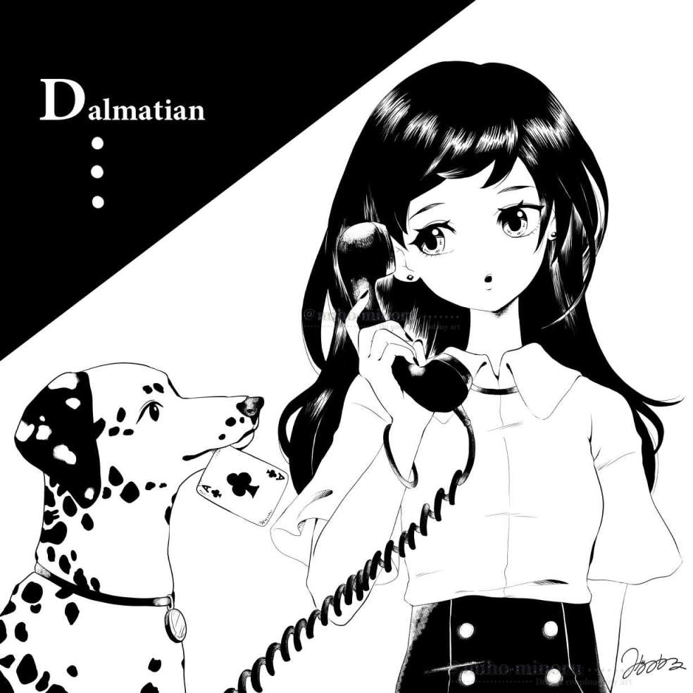 モノクロカラーで電話中の女の子と傍にトランプをくわえたダルメシアン