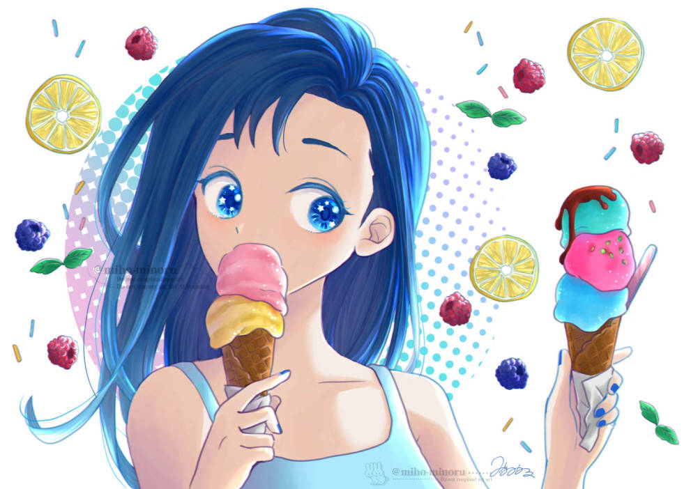 夏にアイスを食べる青い髪の女の子　ビタミンフルーツの背景