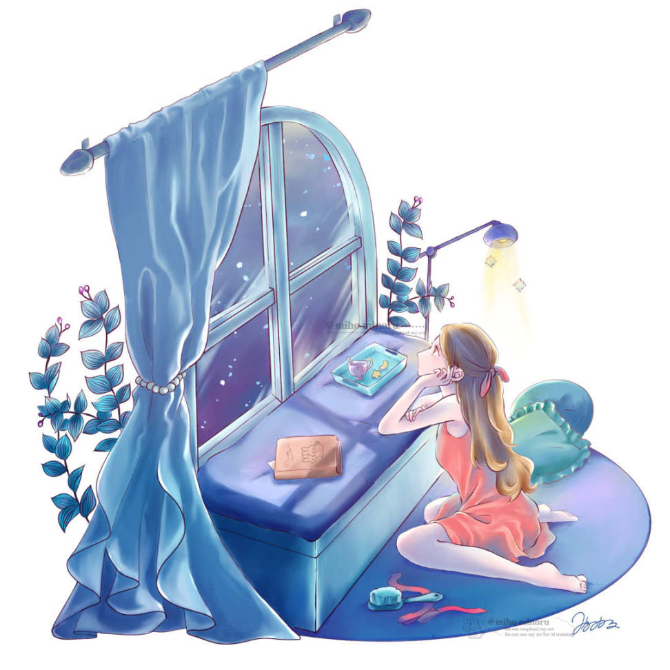 窓辺から夜空を見つめる女の子/夜のリラックスタイムに天体観測中